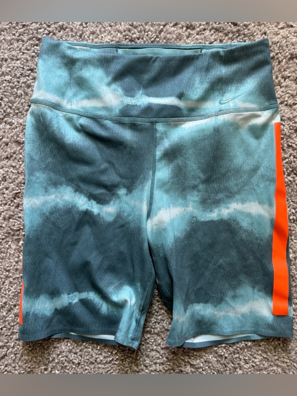 NWOT-Nike Tie-Dye Teal Athletic Bike Shorts with Orange Accent-Small